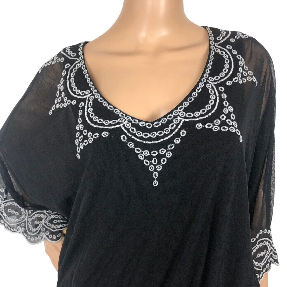Alfani Embroidered Lace Tunic Top Size L Dolman Sleeve Ruffle Boho Western Shirt - Picture 4 of 10